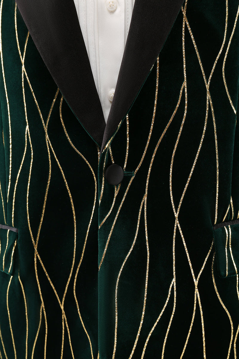 Load image into Gallery viewer, Dark Green Jacquard Peak Lapel One Button Velvet Stripe Men&#39;s Blazer