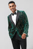 Load image into Gallery viewer, Dark Green Jacquard Peak Lapel One Button Velvet Stripe Men&#39;s Blazer