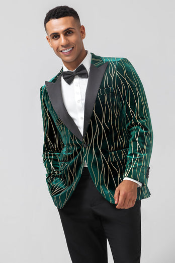 Dark Green Jacquard Peak Lapel One Button Velvet Stripe Men's Blazer