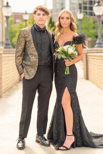 Golden Black Sparkly Print 2 Pieces Shawl Lapel Prom Suits