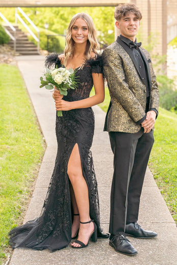 Golden Black Sparkly Print 2 Pieces Shawl Lapel Prom Suits