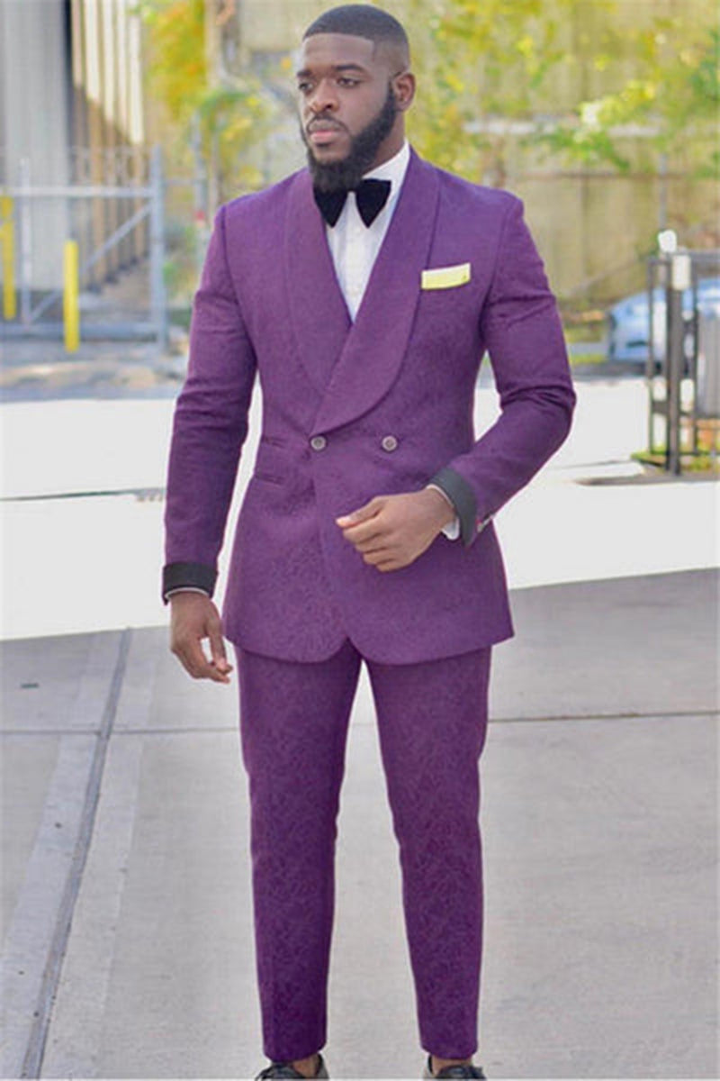 Load image into Gallery viewer, Purple Shawl Lapel 2 Piece Two Buttons Prom Suits with Black Cuffs