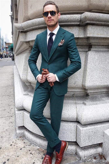 Dark Green Notched Lapel 2 Piece Men's Formal Suits with One Button