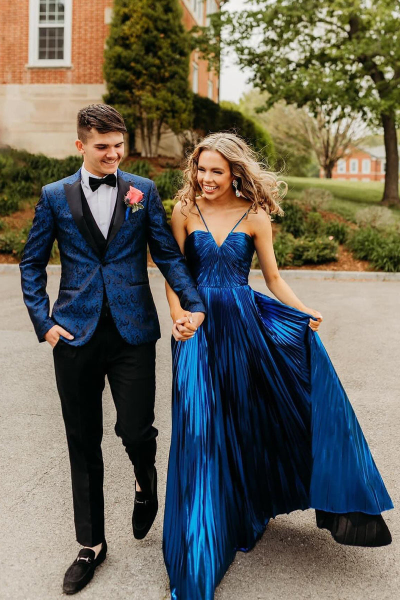 Load image into Gallery viewer, Dark Navy Peak Lapel One Button Jacquard 3-Piece Men&#39;s Prom Suits