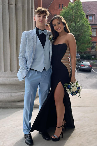 Shawl Lapel Light Blue Jacquard 3-Piece Men's Prom Suits