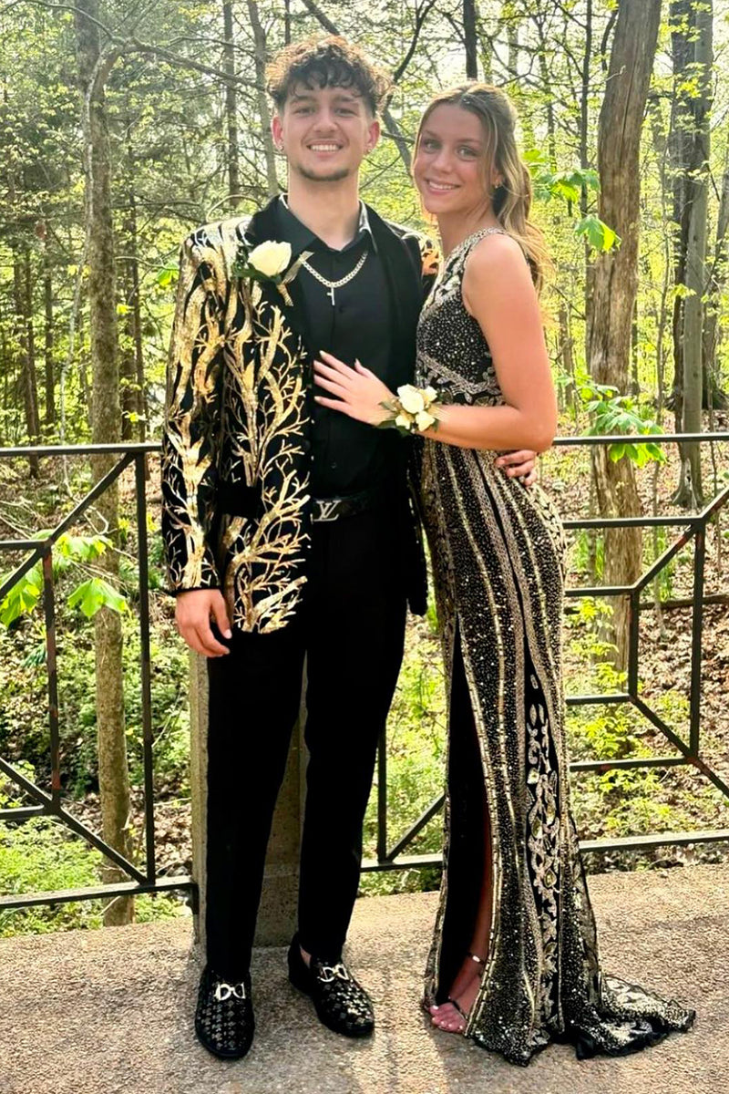 Load image into Gallery viewer, Black Golden Notched Lapel Jacquard One Button 2-Piece Men&#39;s Prom Suits