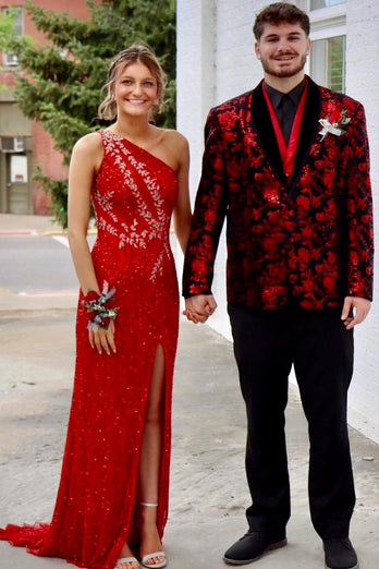 Sparkly Black Red 2-Piece Shawl Lapel Jacquard One Button Prom Suits