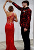 Load image into Gallery viewer, Sparkly Black Red 2-Piece Shawl Lapel Jacquard One Button Prom Suits