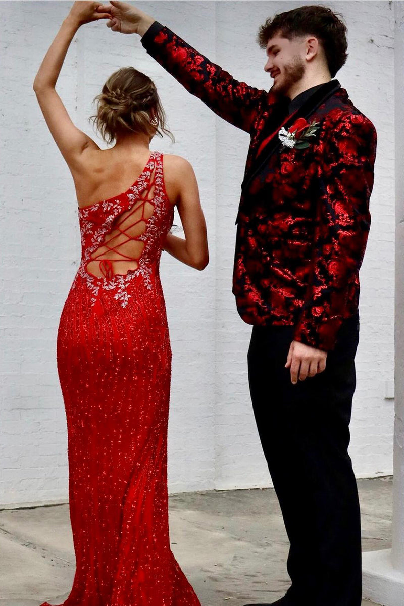 Load image into Gallery viewer, Sparkly Black Red 2-Piece Shawl Lapel Jacquard One Button Prom Suits