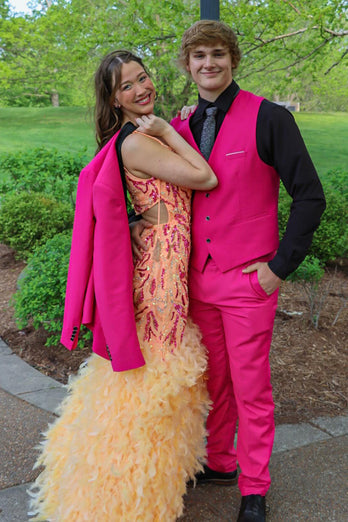 Shawl Lapel Hot Pink One Button 3-Piece Prom Suits