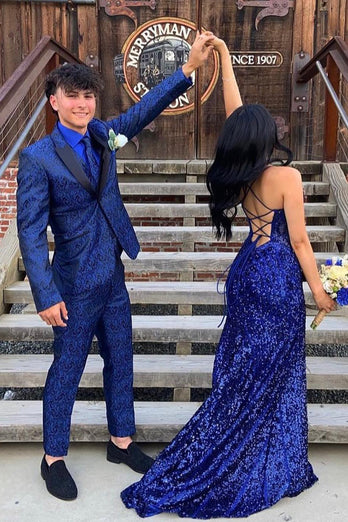 Royal Blue Peak Lapel Jacquard One Button 2-Piece Prom Suits