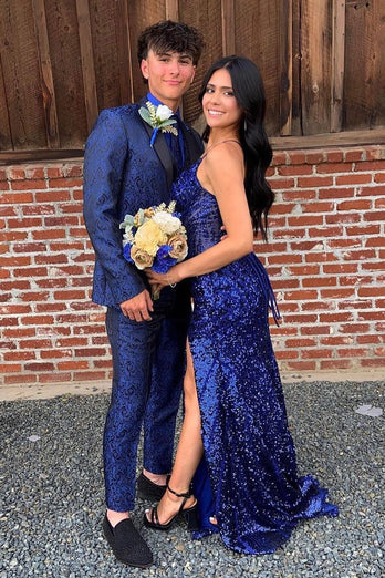 Royal Blue Peak Lapel Jacquard One Button 2-Piece Prom Suits