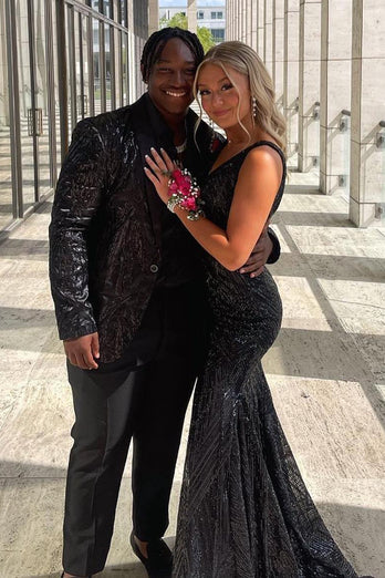 Sparkly Black Shawl Lapel One Button 2-Piece Prom Suits