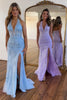 Load image into Gallery viewer, Blue Mermaid Halter Corset Prom Dress with Slit