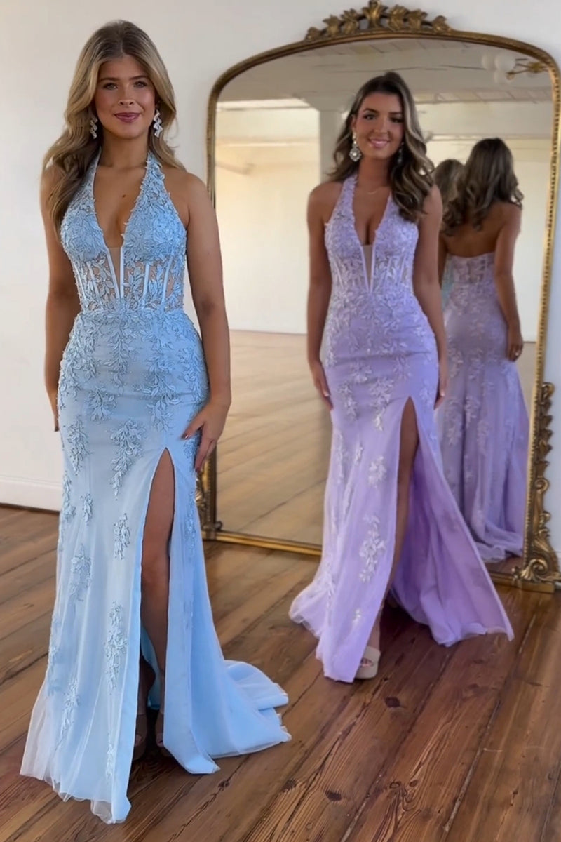 Load image into Gallery viewer, Blue Mermaid Halter Corset Prom Dress with Slit