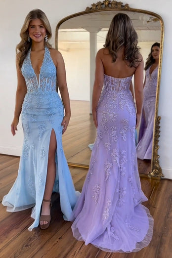 Blue Mermaid Halter Corset Prom Dress with Slit