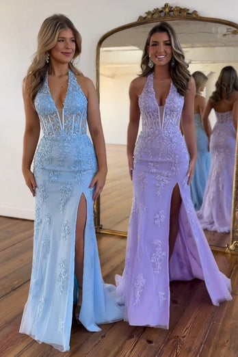 Blue Mermaid Halter Corset Prom Dress with Slit