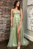 Load image into Gallery viewer, Green Strapless A Line Appliques Tulle Prom Dress with Slit