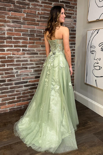 Green Strapless A Line Appliques Tulle Prom Dress with Slit