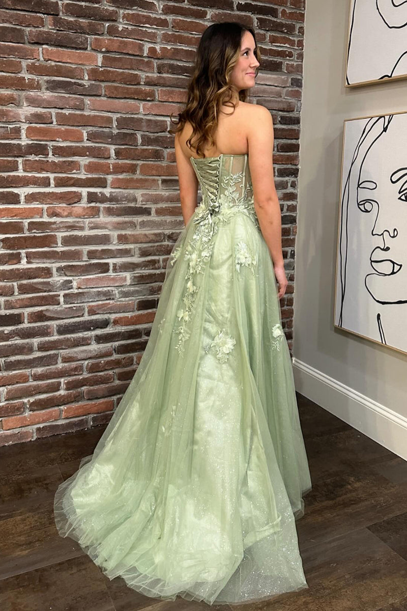 Load image into Gallery viewer, Green Strapless A Line Appliques Tulle Prom Dress with Slit