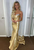 Load image into Gallery viewer, Sparkly Mermaid Golden Strapless Prom Dress with Pleated