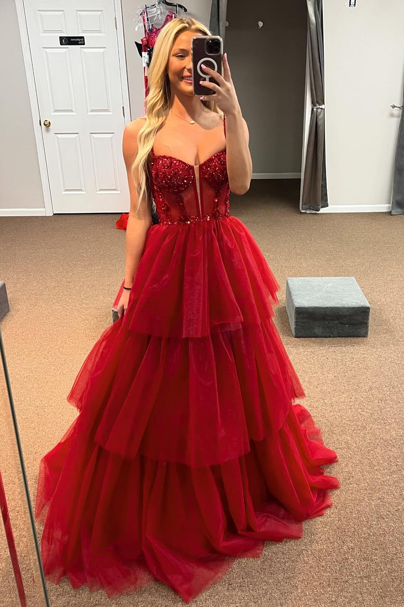 Load image into Gallery viewer, A Line Red Spaghetti Straps Tulle Corset Prom Dress