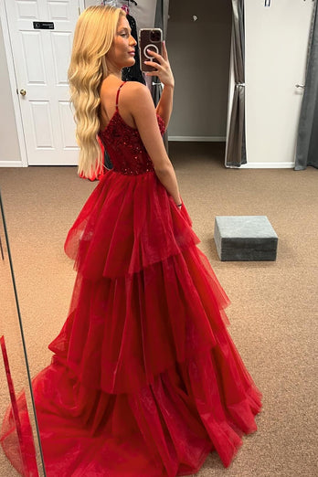 A Line Red Spaghetti Straps Tulle Corset Prom Dress