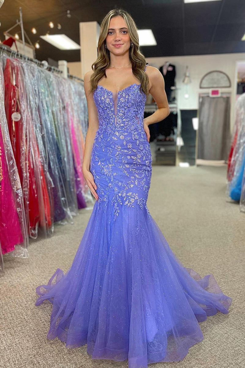 Load image into Gallery viewer, Mermaid Purple Tulle Spaghetti Straps Prom Dress