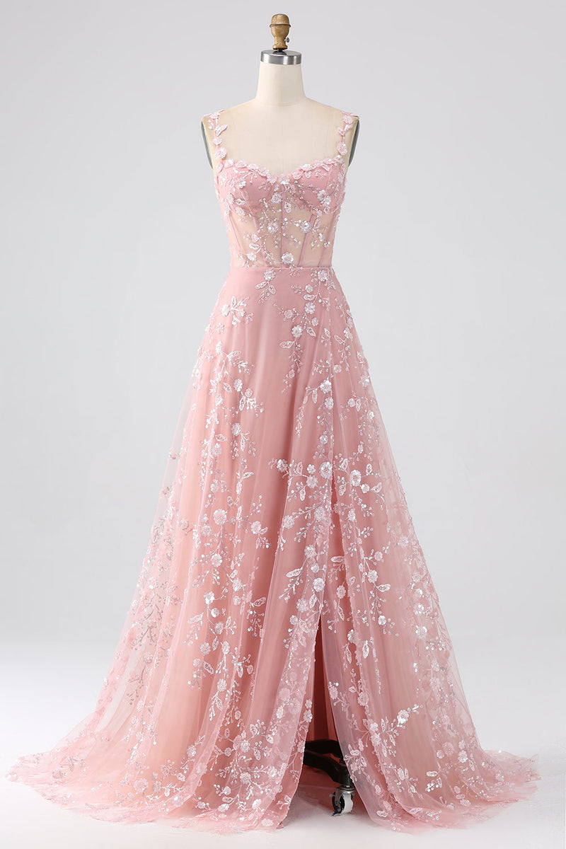 Load image into Gallery viewer, Sparkly Blush A Line Spaghetti Straps Sequin Corset Prom Dress With Slit