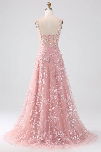 Sparkly Blush A Line Spaghetti Straps Sequin Corset Prom Dress With Slit