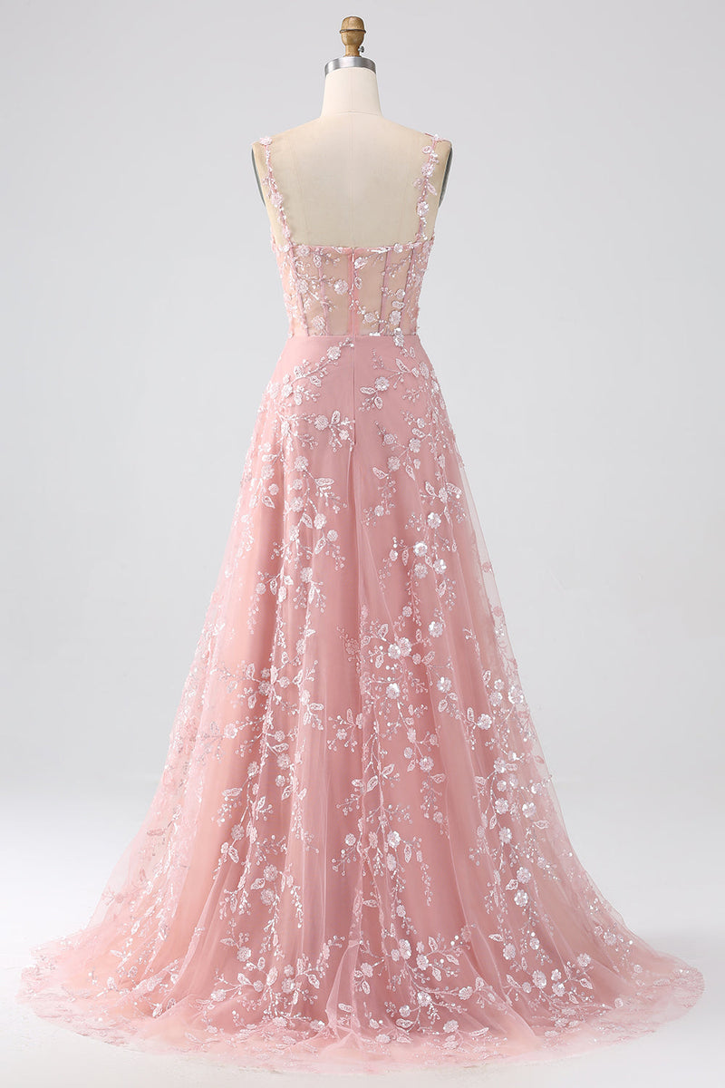 Load image into Gallery viewer, Sparkly Blush A Line Spaghetti Straps Sequin Corset Prom Dress With Slit