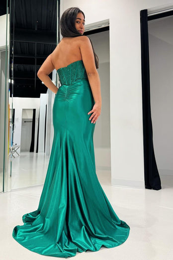 Sparkly Dark Green Strapless Mermaid Prom Dress with Slit