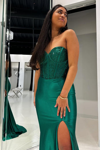 Sparkly Dark Green Strapless Mermaid Prom Dress with Slit