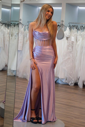 Lilac Pleated Strapless Corset Prom Dress with Slit