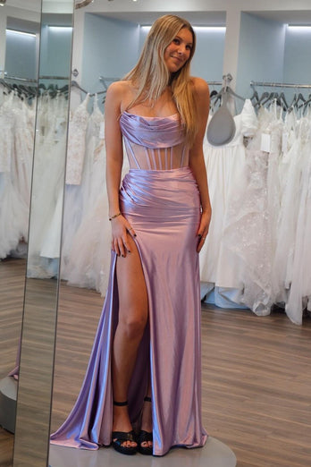 Lilac Pleated Strapless Corset Prom Dress with Slit