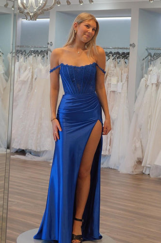 Royal Blue Off the Shoulder Mermaid Corset Prom Dress with Slit