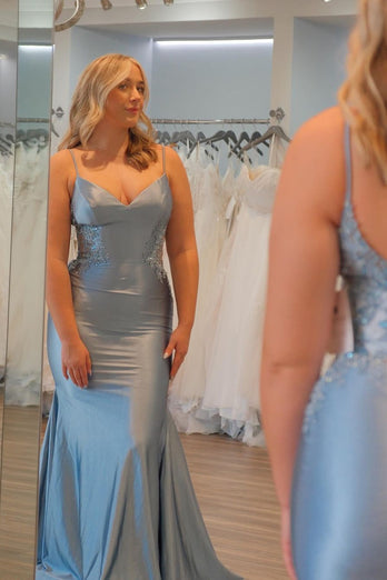 Mermaid Grey Blue Satin Prom Dress with Appliques