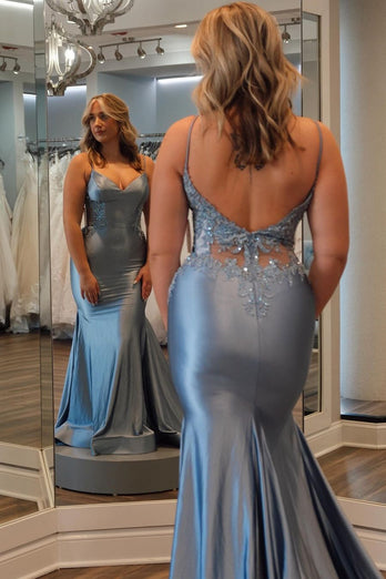 Mermaid Grey Blue Satin Prom Dress with Appliques