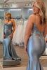 Load image into Gallery viewer, Mermaid Grey Blue Satin Prom Dress with Appliques