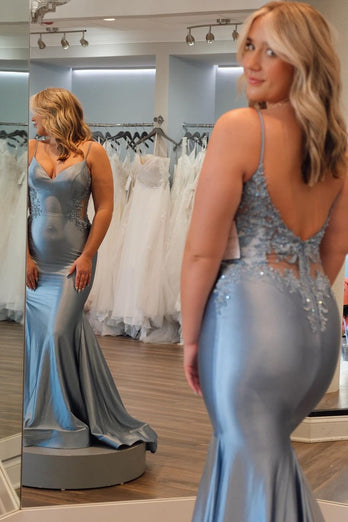 Mermaid Grey Blue Satin Prom Dress with Appliques