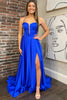 Load image into Gallery viewer, Royal Blue Satin Corset A Line Prom Dress with Slit