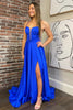 Load image into Gallery viewer, Royal Blue Satin Corset A Line Prom Dress with Slit