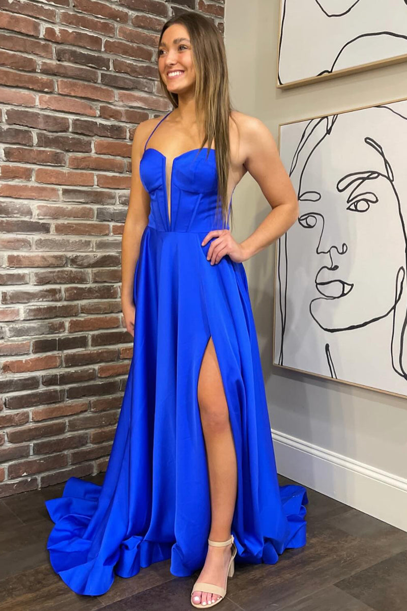 Load image into Gallery viewer, Royal Blue Satin Corset A Line Prom Dress with Slit