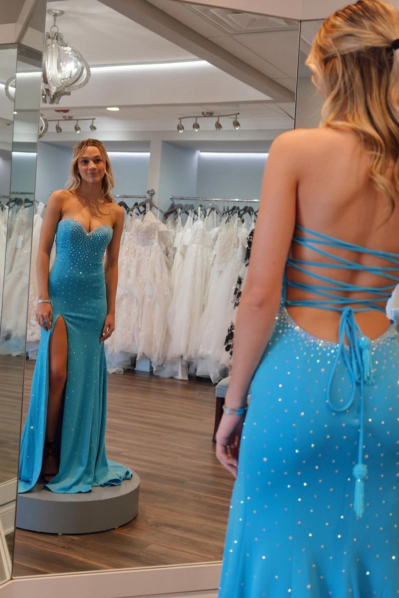 Load image into Gallery viewer, Beading Blue Strapless Mermaid Prom Dress with Slit