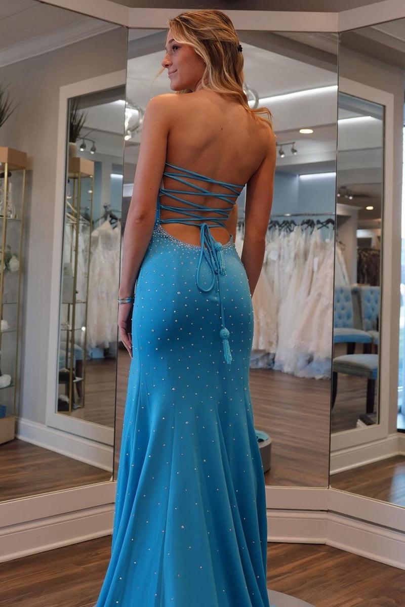 Load image into Gallery viewer, Beading Blue Strapless Mermaid Prom Dress with Slit