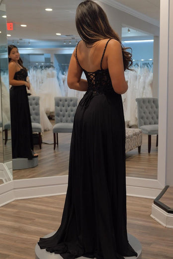 Spaghetti Straps Black Corset Prom Dress with Slit