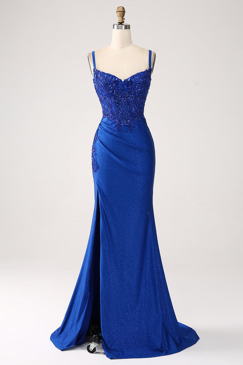 Load image into Gallery viewer, Glitter Royal Blue Mermaid Spaghetti Straps Long Prom Dress with Appliques