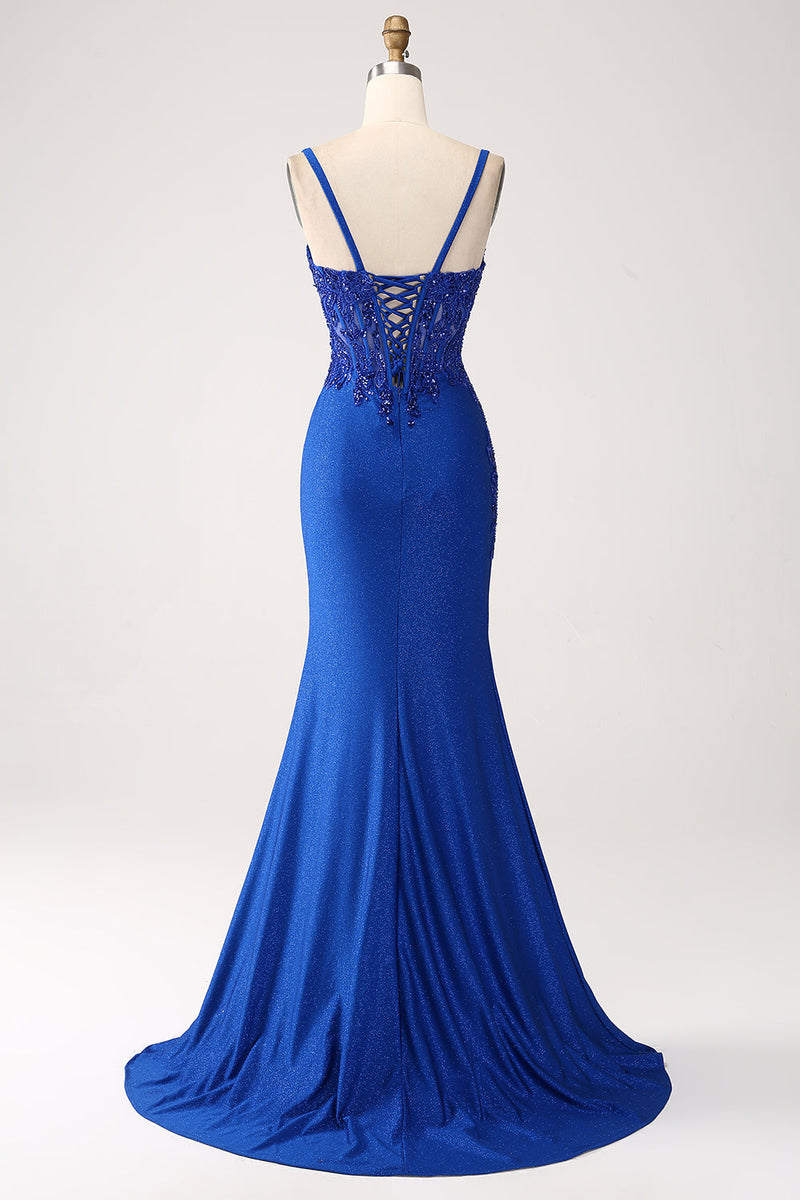 Load image into Gallery viewer, Glitter Royal Blue Mermaid Spaghetti Straps Long Prom Dress with Appliques