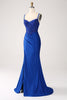 Load image into Gallery viewer, Glitter Royal Blue Mermaid Spaghetti Straps Long Prom Dress with Appliques