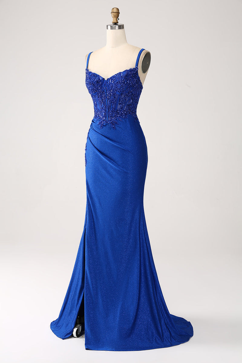 Load image into Gallery viewer, Glitter Royal Blue Mermaid Spaghetti Straps Long Prom Dress with Appliques